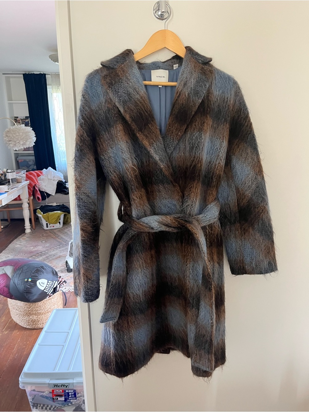 Vince plaid fuzzy coat small